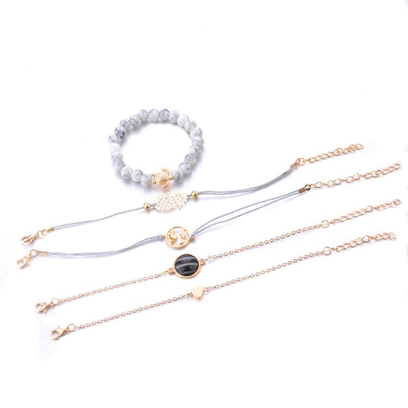 VONRU Beaded Bracelets for Women - Adjustable Charm Pendent Stack Bracelets For Women Friendship Gift Rose Quartz Bracelet Links with Pearl Gold Plated 5pcs/Set - Image 5